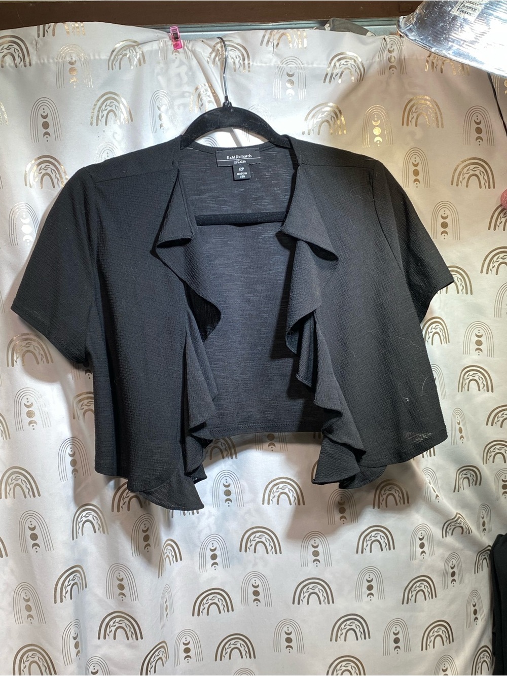 R&M Richards Black Ruffle Open-Front Shrug